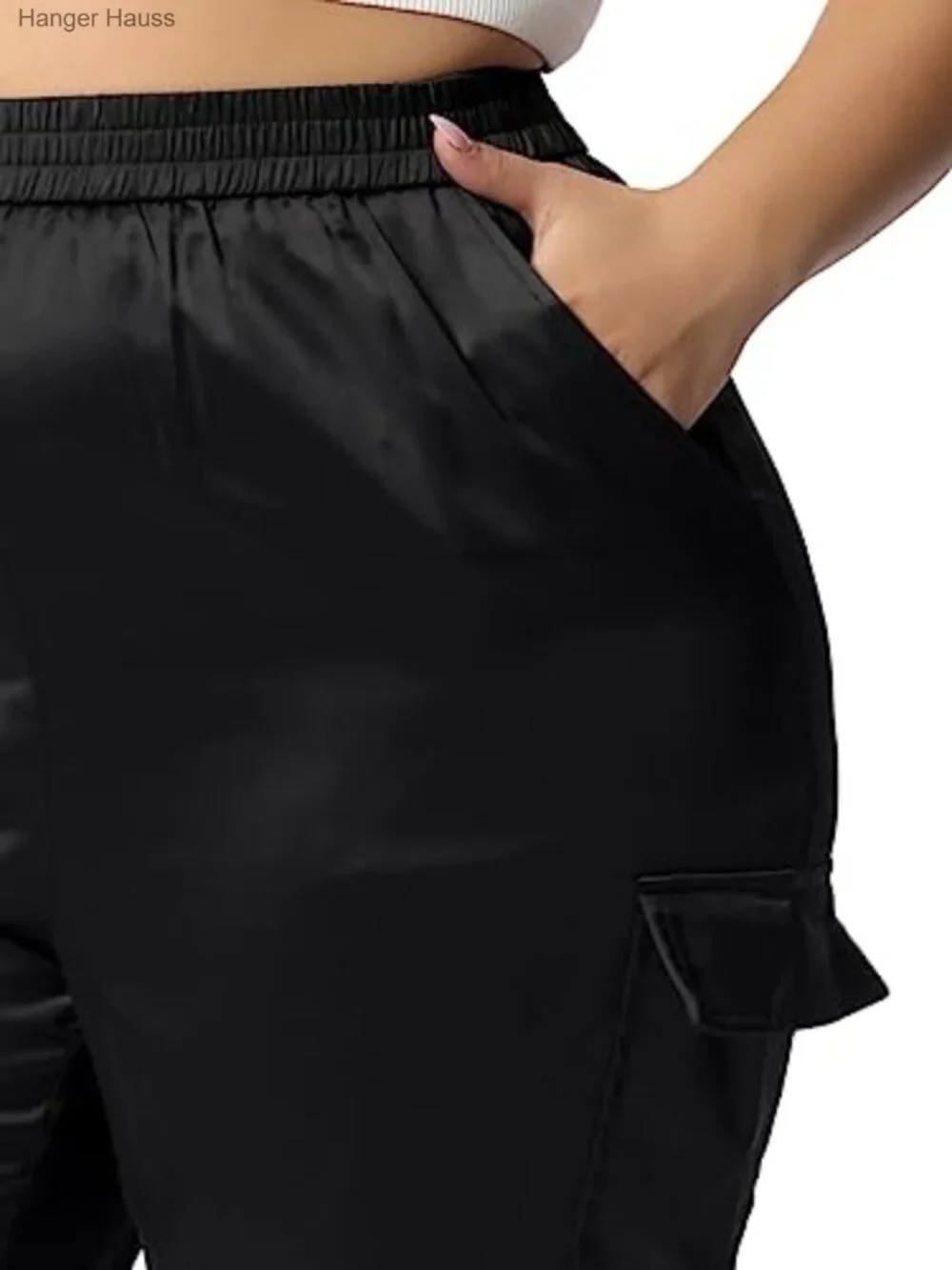 Plus Size Satin Joggers Elastic Waist Athleisure Cargo Pants with Pockets - Picture 5 of 5